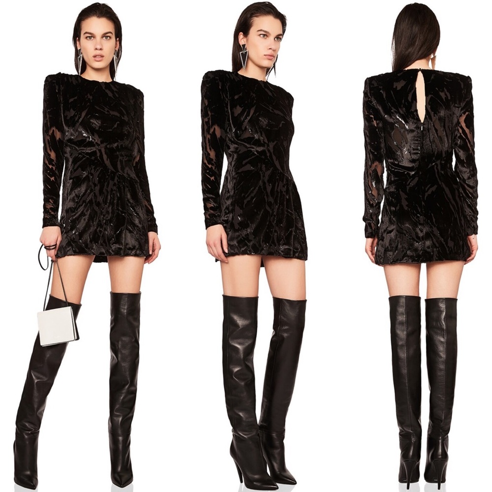 Saint Laurent Black Velvet Silk Draped Burnout Long Sleeve Mini Dress